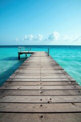 Fototapeta premium Gray weathered pier deck, blue ocean waves, summer sky , scene, wooden, waves