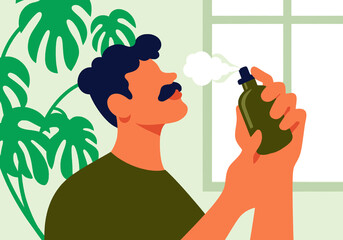 Man with mustache applying perfume at home