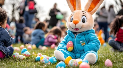 Easter celebration with bunny mascot community park family event springtime close-up joy
