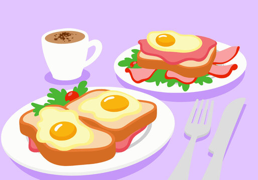 Croque Madame sandwich with bacon and fried eggs served with coffee