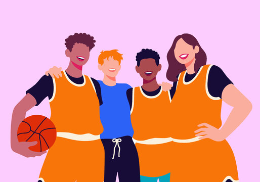 Young basketball players in matching jerseys posing against pink background