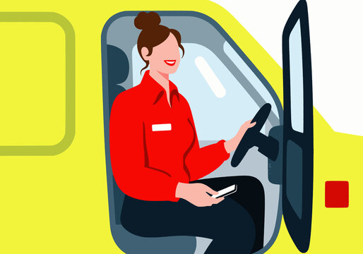 Smiling emergency responder in red uniform sitting in van