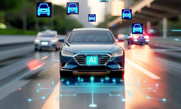 Artificial Intelligence and AI logo inside car with car icons around it