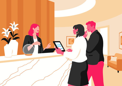 Business colleagues using tablet PC for hotel check-in at front desk