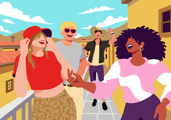 Happy friends having fun in balcony at sunny day