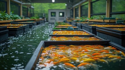 Koi fish farm, many colorful fish.
