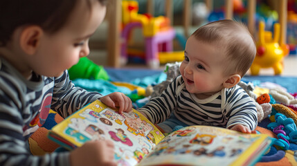Baby lying on a play mat, giggling as an older sibling reads a picture book