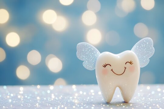 A cute tooth with angel wings, smiling against a light blue background with bokeh lights. This concept represents dental health and care.
