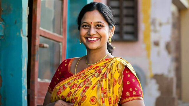 A woman in a yellow and red sari is smiling