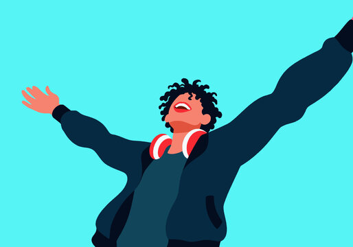 Carefree young person with arms outstretched against colored background