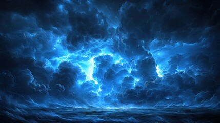 Fototapeta premium Dramatic stormy seascape with glowing blue lightning illuminating dark clouds over ocean.