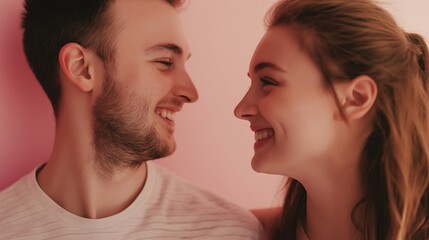 Obraz premium Laughter fills the air as a young couple gazes at each other, radiating happiness in a vibrant pastel pink setting, showcasing love and connection