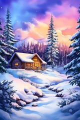 Fototapeta premium Tranquil Snowy Cabins in a Watercolor Landscape