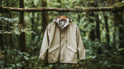 Tan Hooded Jacket Hanging Outdoors In Forest