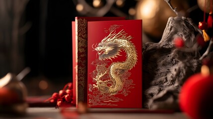 Festive dragon book display cultural celebration art photography indoor setting close-up view