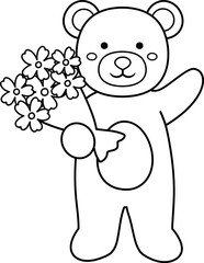 Cute little teddy bear holding bouquet Valentine's Day outline vector. 
Bear holding bouquet coloring drawing.
For celebrating Valentine's Day, wedding or birthday.
Isolated  Valentine's Day icon elem
