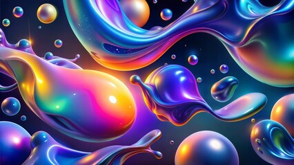 Abstract 3D Art Iridescent Liquid Metal Spheres Flowing Forms Dynamic Composition Surreal Design Futuristic Metallic Bubbles Vibrant Colors