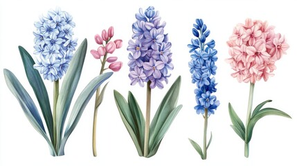 Obraz premium vintage watercolor elements of blue, pink, hyacinth, garden collection, flower, leaves, illustration isolated on white background, leaf.