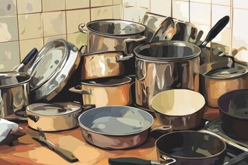 Assorted Kitchen Cookware Stacked On Countertop