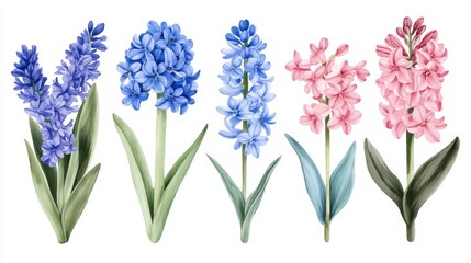 Fototapeta premium vintage watercolor elements of blue, pink, hyacinth, garden collection, flower, leaves, illustration isolated on white background, leaf.