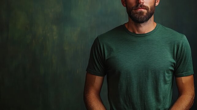 Bearded man in green shirt, dark background.