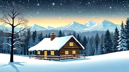 Naklejka premium A cozy winter cabin nestled in snow-covered mountains, under a starry night sky, creating a serene and picturesque holiday scene