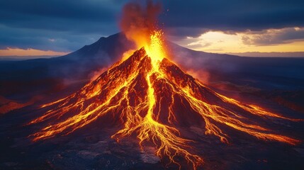 Erupting volcano at sunset with lava flows.