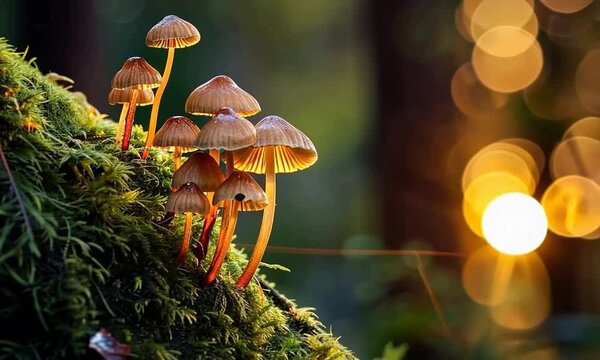 Mushrooms grow in a forest illuminated by the warm light of sunset. The bokeh effect with golden and green tones creates a magical and serene atmosphere. Healing magic mushrooms. Psilocybin