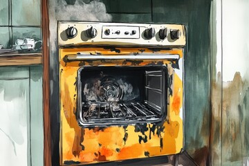 Old Damaged Yellow Kitchen Oven Needs Repair