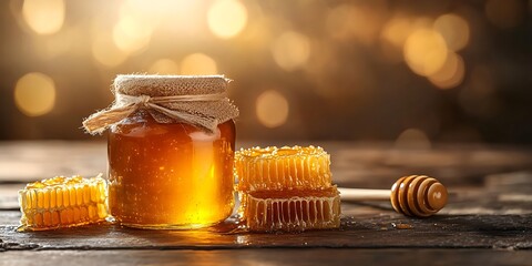 Jar of honey surrounded by colorful blossoming flowers in the bright sunlight