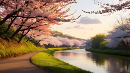 serene spring morning with warm, gentle sunlight casting a golden glow on a winding riverbank, where vibrant pink and soft white cherry blossoms are in full bloom, their delicate petals unfolding like