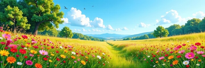 Vibrant colors of wildflowers and trees against a clear blue sky, nature, landscape