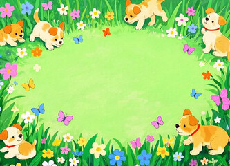 Fototapeta premium 강아지와 꽃밭 / Puppies in a Flower Field