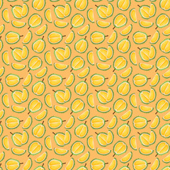 Durian fruit flat seamless pattern on orange background. Wrapping paper, gift card, poster, banner design. Home decor, modern textile print. Summer bright geometric fruits patterned.