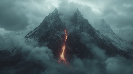 Fototapeta premium Eruption Lava flowing down a snow-capped mountain peak.