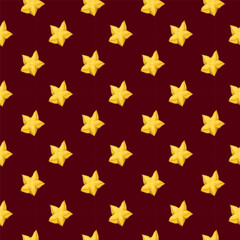 Carambola starfruit flat seamless pattern on brown background. Wrapping paper, gift card, poster, banner design. Home decor, modern textile print. Summer bright geometric fruits patterned.