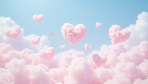Pink clouds in shape of hearts. Romantic and dreamy atmosphere. Valentine's day concept. 