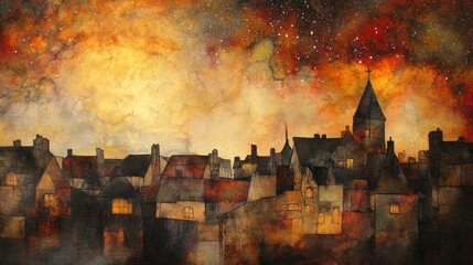Nocturnal cityscape with fiery, starlit sky;  watercolor painting of houses and church.