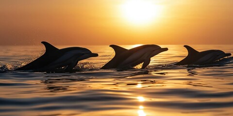 Fototapeta premium A pod of dolphins in silhouette, gracefully moving through the calm waters at sunset.