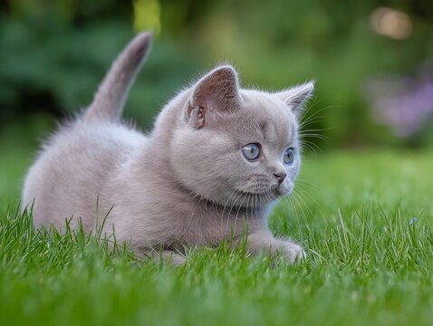 Gray kitten exploring lush green grass outdoors with curious eyes