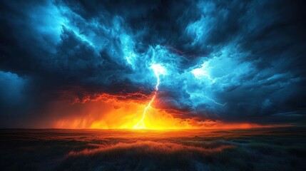 Fototapeta premium Fierce lightning storm over a flat landscape at sunset.