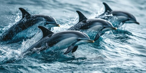 Fototapeta premium A pod of Hectorâ€™s dolphins swimming together in the ocean, displaying their social behavior.