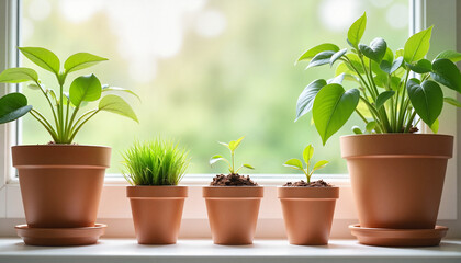 Fototapeta premium Potted plants growing on windowsill with blurred background