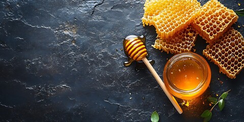 Fresh honey in a glass jar with a wooden honey dipper