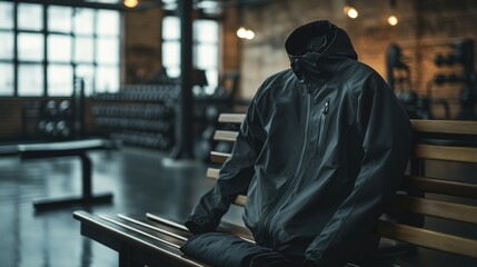 Obraz premium Black Hooded Jacket Rests On Wooden Bench In Gym