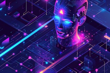 AI. Artificial intelligence hi tech, mechanical technology isometric concept. Cybernetic brain communication with network and analyze data. Machine learning of AI. 