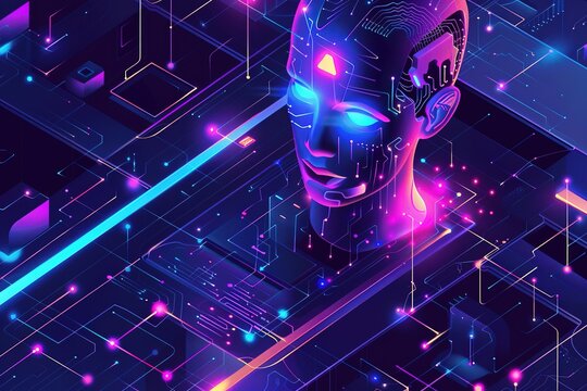AI. Artificial intelligence hi tech, mechanical technology isometric concept. Cybernetic brain communication with network and analyze data. Machine learning of AI. 