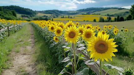 Obraz premium Field of Bright Sunflowers Blooms