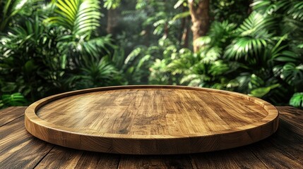 Fototapeta premium A wooden serving tray on a table with a lush green jungle backdrop.
