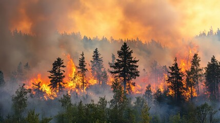 Obraz premium Fire and Smoke Rising Through Dense Trees at Dusk